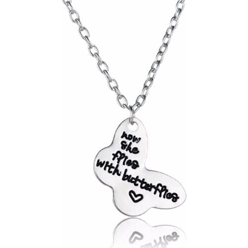 12PC/Lot Hot Butterfly Memorial Pendant Now She Flies With Butterflies Heart Chain Necklace Gift For Women Girls Friends Jewelry
