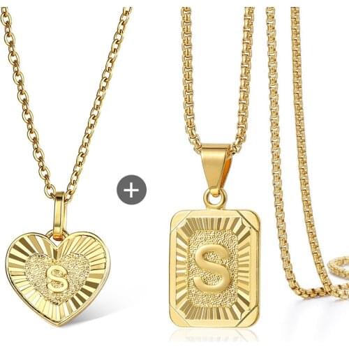 2pcs/set Heart Square Initial Letter Pendant Necklace Rolo Cable Box Chain Gold Stainless Steel Name Jewelry for Women Gift