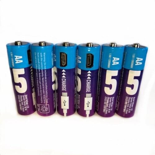 6Pcs/Lot New 1.5V AA rechargeable battery 1300mwh USB Ni-Zn rechargeable battery for wireless microphone toys