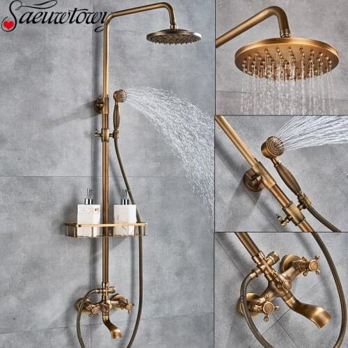 Antique Wall Hanging Shower Set Faucet Single Handle With Hand Shower And Shelf Bathroom Shower Mixer Shower Bracket