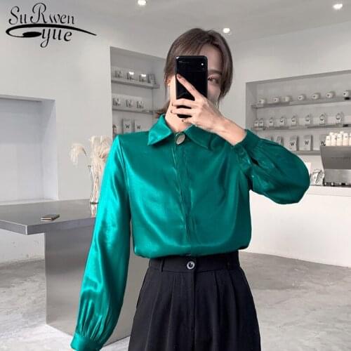 Solid Womens Tops and Blouses Autumn Woman Shirt Elegant Button Stand Collar Puff Sleeve Chic Office Lady Clothing 8911
