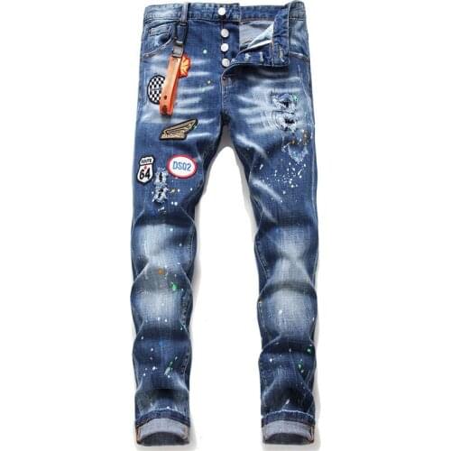 Jeans European Italy Style Jeans Brand Men Slim Jeans Pants Mens Denim Trousers Zipper Blue Hole Pencil Pants Jeans for Men