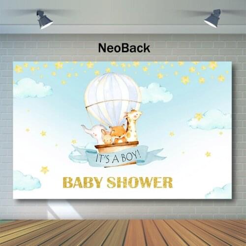 Woodland Baby Shower Backdrop Hot Air Balloon Animal Photo Background Blue Sky White Clouds Baby Shower Photography Backdrops
