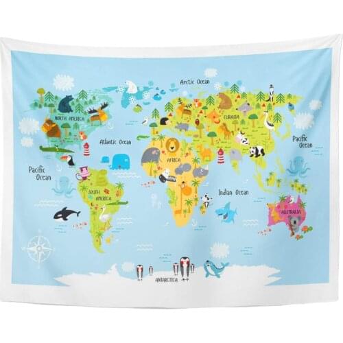 Map of The World with Cartoon Animals Europe Asia South America North Australia Africa Lion Crocodile Tapestry Home Decor Wall