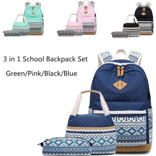 3Pcs Ethnic Style Womens Canvas Casual School Bag Daypack Polka Dot Girls Backpack Mochilas and Lunch Bag Set with USB Charger