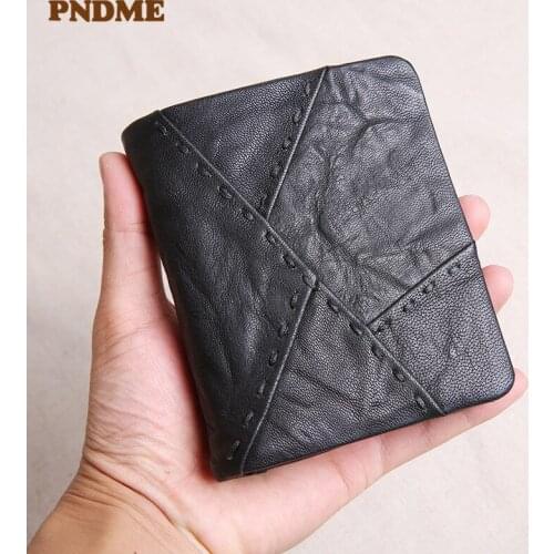 Fashion handmade stitching genuine leather mens womens small wallet casual retro designer real cowhide card holder coin purse
