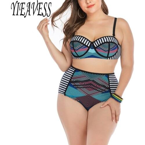 Halter Bikinis Set Print Striped Bikini Plus Size L-4XL Swimsuit Women 2020 High Waist Padded with wire Bathing Suit