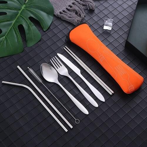 3/4/7Pcs Portable Printing Retro Stainless Steel Spoon Fork Knife Chopsticks DinnerwareTravel Camping Tableware With Cloth Bag
