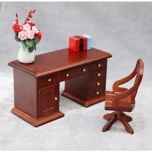 Miniature Home Toys Dollhouse Mini 1:12 Scale Exquisite Wooden Retro Study Room Decoration Writing Desk Furniture Toys Set