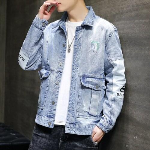 Mens Loose Denim Jacket Blue Black Single Breasted Casual Coat e34
