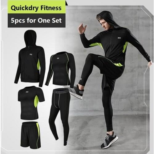 Mens Fitness Suits Running Suits Quick Dry Compression Shirt Suit 5pcs for One Set