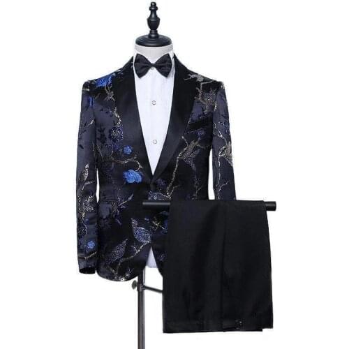 Men Suit 2-Piece Fashion Slim Fit Embroidery Peak Lapel Groom Tuxedo Singer Host Musician Stage Show Dress Male Costume