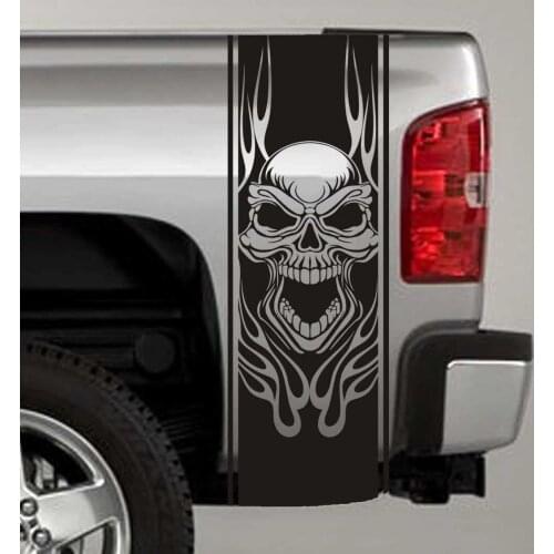 For x2 Truck Bed Stripe Decal - Tribal Skull & Flames Universal Fit - Orange Sticker