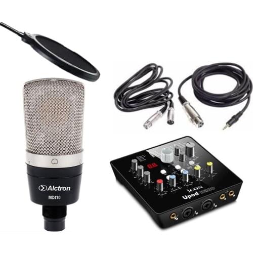 Alctron MC410 and iCON upod nano condenser microphone sound card recording set for studio and live broadcasting, with pop filter