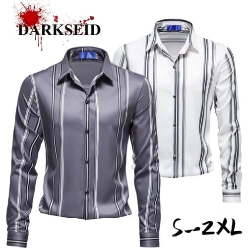 New Fashion Mens Long Sleeve Shirt Striped Printed Shirt Casual Business Shirt