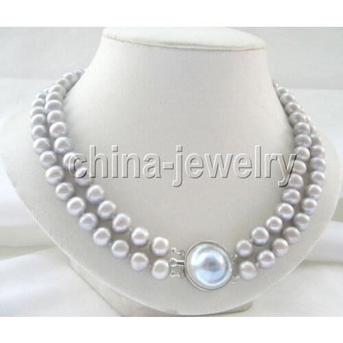 P4252 -2row 17-18" 10mm gray round freshwater pearl necklace -blister Mabe pearl>>> free shipping