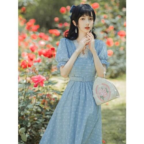 French First Love Sweet Midi Dress Summer Retro Small Fresh Puff Sleeve Gentle Fairy Dress Vestidos Women