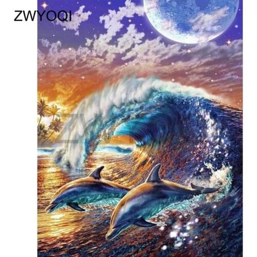 Full Square Diamond embroidery Wave shark moon DIY Diamond painting Cross stitch wave Full Round Diamond mosaic Wave shark moon