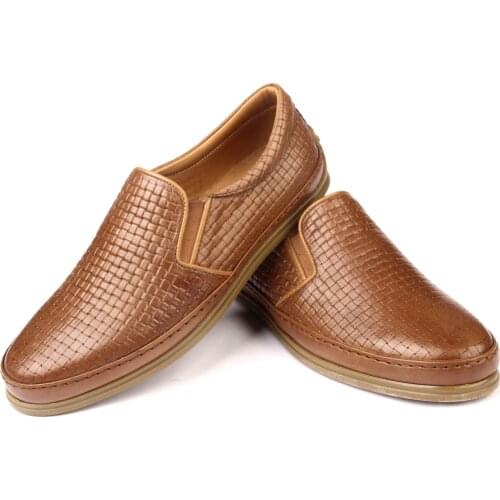 SHENBINs Handmade Casual Slip On Leather Loafers with Woven Patterned Leather, 3 Colors, Tobacco, Black, and Dark Blue