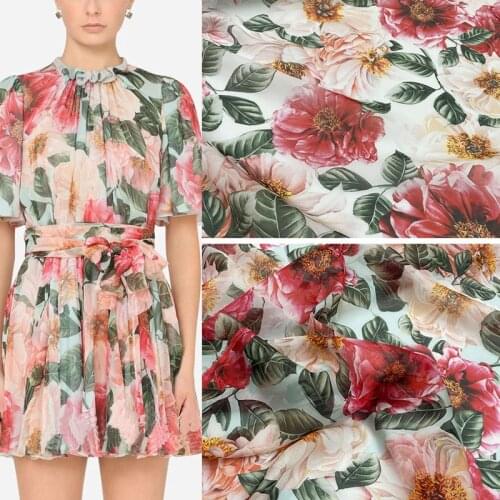 140cm Width Romantic Roses Flower Printed Thin Transparent Chiffon Fabric For Woman Girl Summer Long Dress Blouse DIY Sewing