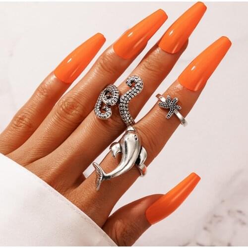 Tocona 3pcs/sets Summer Starfish Ring Sets for Women Men Cute Dolphin Octopus Silver Color Boho Jewelry Accessories Anillo 18764