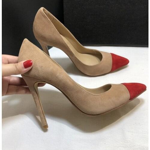 New Arrival Pointed Toe Contrast Color Thin High Heel Shoes Nude Black Gray Suede Stiletto Heels Pumps Women Basic Dress Shoes