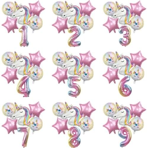 6PCS 32inch Rainbow Unicorn Balloons Ball Globos Number Birthday Party Decoration Kids Unicorn Wedding Baby Shower Balloons