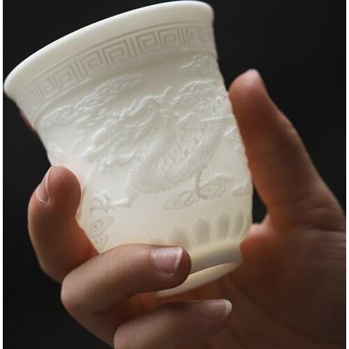 High White Ceramic Transmittancy Relief Emboss Large Size Master Tea Cup Dragon Phoenix Pattern Kung Fu Tea Set Ceramic Cup