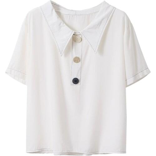 Women summer white short sleeve blouse vintage Various buttons turn-down collar shirt casual tops