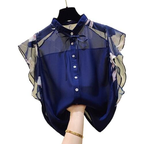 Summer Flying sleeve Women blouse Single-breasted Casual tops Fashion Printed Chiffon shirt
