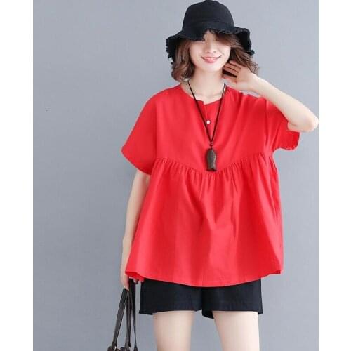 Women Oversize Loose Solid Shirt Thin Cotton and Linen Button Ruffles Short Batwing Sleeves Tops Plus Size Women Shirt L-5XL