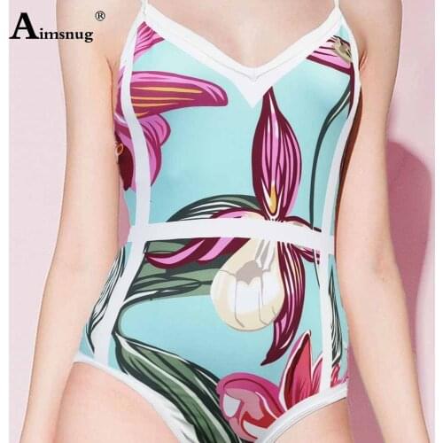 Women Elegant Fashion Bathing Suits Model Flower Print One Piece Swimwear Ladies Skinny Beachwear Sexy V-neck Onesie Swimsuit