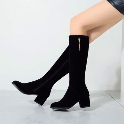 Knee High Women Boots Round Toe Pu Flock Short Plush Footwear High Heels Female Boots Zipper Shoes Women 2021 Black Plus Size 43