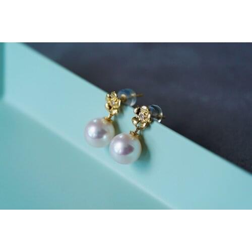Solid 18k Gold 8.6mm Nature Akoya Pearls Gemstones Studs Earrings for Women Fine Jewelry Birthday Presents