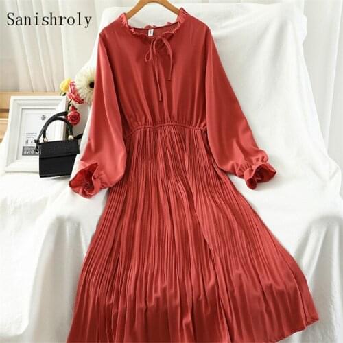 2021 Spring Autumn Women Long Fungus Pleated Dress Tie Bow Large Hem Chiffon Dress Female Long Sleeve High Waist A Line Vestidos