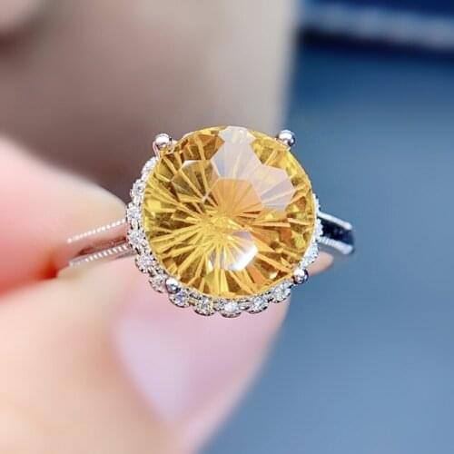 Natural real yellow citrine round big ring Free shipping 10*10mm 3.3ct gemstone 925 sterling silver Fine jewelry J215288