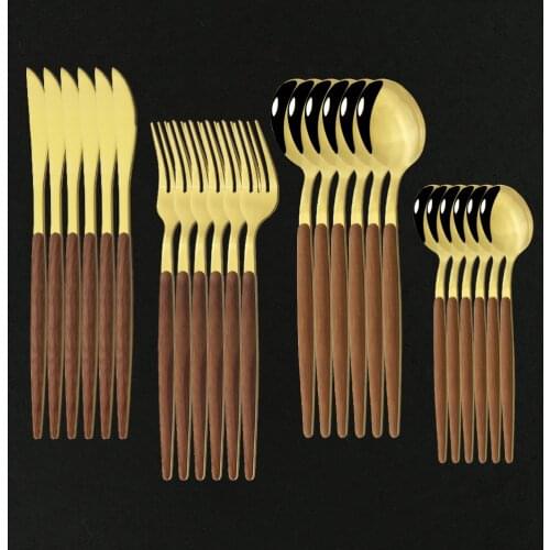 24pcs New Stainless Steel Glossy Tableware Set Wooden Gold Dinnerware Sets Western Food Knife Fork Teaspoon Flatware Cutlery