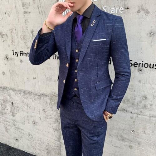 3 Pieces Suits Wedding Formal Wear Suits For Man Blazers Jackets+Pants+Vest Men Good Quality Blue Plaid Suits Male Formal Dress