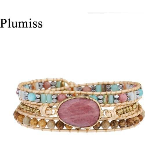 Boho High Quality Big Rhodonite Charm Bracelet for Women Jewelry Natural Stone Wrap Bracelets Mothers Day Gift Body Decorations