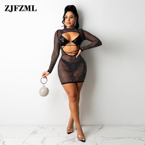 Black Mesh Rhinestone See Through Dress Women Sexy Front Hollow Long Sleeve Party Dresses Elegant Midnight Clubwear Vestidos