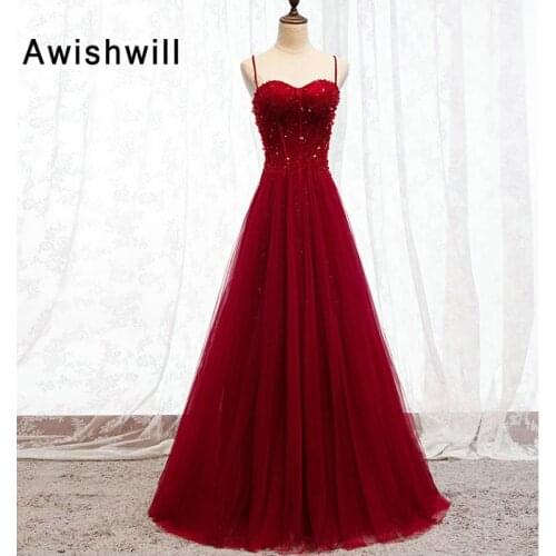 Floor Length Burgundy Evening Dress Elegant Spaghetti Strap Beadings Tulle A Line Sleeveless Women Long Formal Party Dress