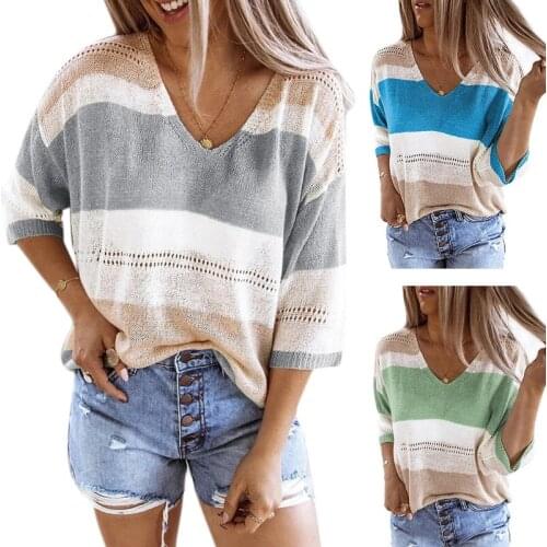 Women Three Quarter Sleeve Sweater Sexy V-Neck Color Block Striped Pullover Tops Hollow Out Knitted Loose Jumper Shirt