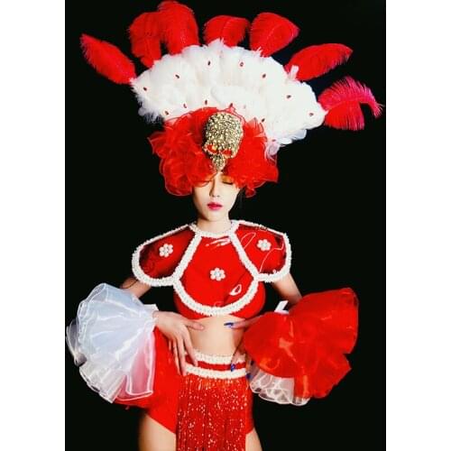 Grand Stage Costume Feather Headwear Red Birthday Outfits For Women Fringe Prom Wear Party Nightclub Gogo Dj Clothing VDB3122