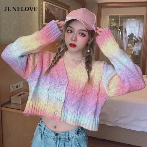 JuneLove Women Autumn Winter New Striped Tie-Dye Color Matching Sweater Wearing V-neck Knitted Cardigan Short Long-Sleeved Tops
