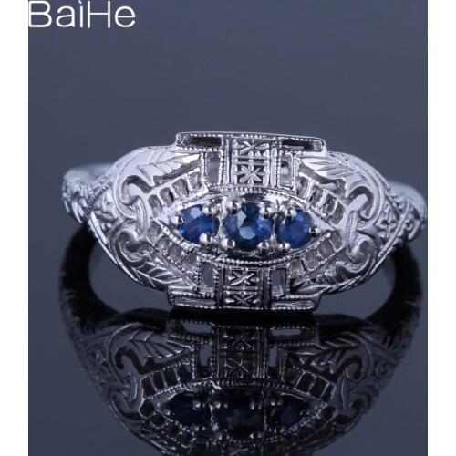 BAIHE Sterling Silver 925 0.21ct H/SI Round Genuine Sapphire Wedding Women Classic Fine Jewelry unique Sapphire Ring