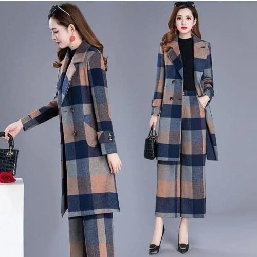 Single/Suit Women Autumn Winter Outfit New Temperament Woolen Plaid Coat Wide Leg Pants Womans Fashion 2021 Two Piece Sets 515