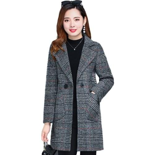 Middle-aged and elderly ladies plaid wool jacket coat plus size 6XL autumn winter slim long-sleeve outwear casual Female coats