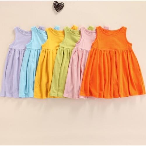 FOCUSNORM 6 Colors Infant Baby Girls Summer Dress Solid Sleeveless A-Line Knee Length Sundress Outfits 1-7Y