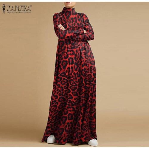 Fashion Womens Turtleneck Sundress ZANZEA 2021 Leopard Maxi Dress Printed Long Sleeve Vestidos Female Baggy Robe