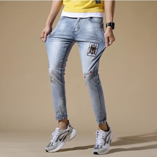 Mens Summer Autumn Crop jeans Insect Letter Embroidery Stretch Jeans fashion Man Casual Skinny denim trousers Ankle Length pants